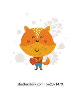 Vector cartoon animal. Cute fox with heart for design children shirt, fashion, cards, prints.