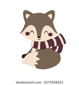 vector cartoon animal fox sitting wearing a warm scarf while smiling and closing his eyes