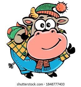 Vector cartoon animal. Funny bull in clothes and a bag on the back. Symbol of the year