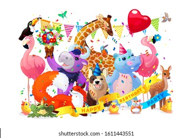 Vector Cartoon Animal Happy Birthday Party Clipart