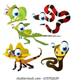 vector cartoon animal illustration. Cute funny colorful set of reptiles: snakes and lizards