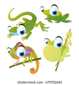 vector cartoon animal illustration. Cute funny colorful Frogs, Lizard, Chameleon