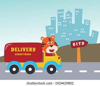 vector cartoon of animal on cargo truck, Can be used for t-shirt print, kids wear fashion design, invitation card. fabric, textile, nursery wallpaper and poster.