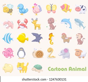 A Vector Cartoon Animal Set - Includes Chicken, Fish, Bird, Bee, Dog, Hawk, Monkey, Shark, Horse, Cow, Dolphin, Deer and More