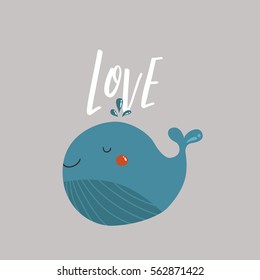 Vector cartoon animal and text. Cute whale for design children shirt, fashion, cards, prints.