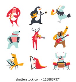 Vector cartoon animals and birds playing music