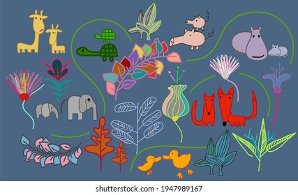vector de animales de dibujos animados y flores decorativas