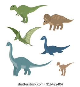 Vector cartoon animals: diplodocus plesiosaur pterosaur triceratops tyrannosaurus velociraptor. The drawn set of dinosaurs. Collection of prehistoric animals in a flat style.