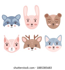 Vector cartoon animals heads. Raccoon, rabbit, bear, squirrel, deer and wolf