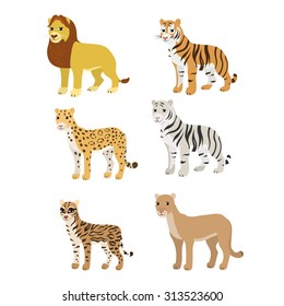 Vector cartoon animals: lion tiger leopard white tiger puma ocelot. The drawn set of wild cats. Collection of stylized predators in a flat style.