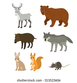 Vector cartoon animals: northern deer bear boar wolf rabbit squirrel mouse. The drawn set of wild mammals. Collection of stylized forest animals in a flat style.