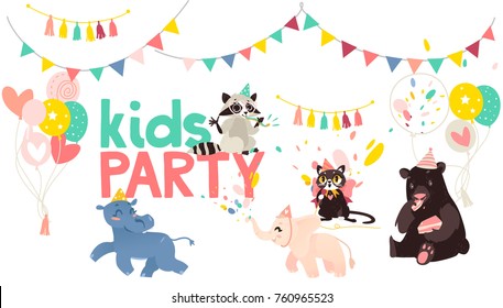 vector cartoon animals at party poster. Hippo and elephat running, cat singing at microphone, bear eats cake raccoon whistling on background of confetti, balloons and flags. Isolated illustration