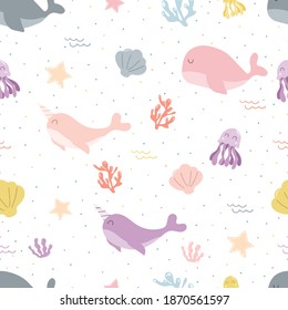 Vector cartoon animals pattern. Seamless pattern with aquatic animals. Design for fabric, textile, wallpaper, surface, background, print, etc. Vector illustration. 