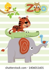 Vector cartoon of animals piled up with birds on striped background