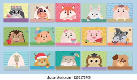 Vector cartoon animals: raccoon, bull, Fox, Bunny, lamb, hedgehog, bear, cat, pig, wolf, sheep, deer, hamster, owl, dog.