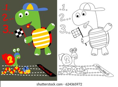 vector cartoon of animals run competition, coloring book or page