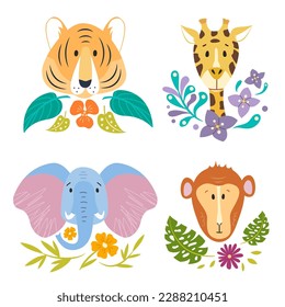 Vector cartoon animals in scandinavian style. Set of cute characters living in wild nature. Graphic elements of colourful leaves and flowers. Perfect design for children's room or greeting  card.