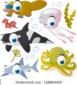 Vector cartoon animals set. Funny vector sealife animal illustration. Cute isolated vector platypus, jellyfish, orca whale, shark and octopus