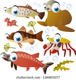 Animales de dibujos animados vectores. Graciosa ilustración de animales con vectores marinos. Trucos vectoriales aislados, focas, percas, cangrejos, salmón con algas marinas