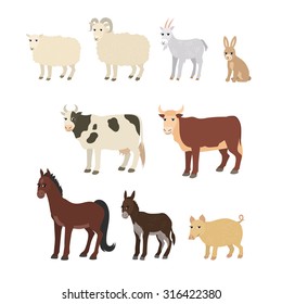 Vector cartoon animals: sheep goat donkey horse cow bull pig rabbit. The drawn set of domestic animals living on the farm. Collection of stylized pets in a flat style.