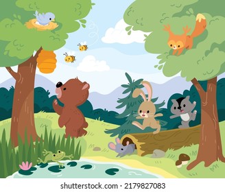 Vector cartoon animals that live in the forest  Forest fauna  Comic characters woods inhabitants  Bear stare at the hive looking for honey  Different animals green lawn 