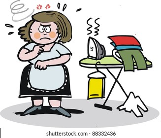 Vector cartoon of annoyed housewife with ironing board.