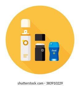vector cartoon antiperspirant, deodorant collection / aerosol spray, metal and plastic / flat style, icon template / yellow on white 