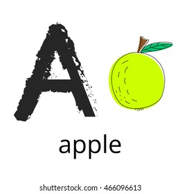 Vector cartoon of apple fruit and letter A. Hand drawn style letter with fruit illustration for kids. Educational poster for school, preschool and home for children on  white background