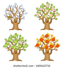 Vector cartoon apple tree on a different seasons. Autumn, winter, summer, spring