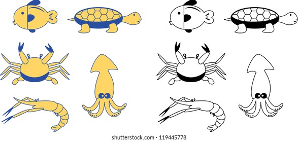vector cartoon aquatic animal set, fish, crab, shrimp, squid, turtle