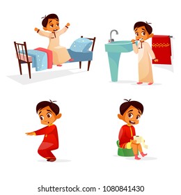 Vector cartoon arab boy daily routine, morning activity set. Male muslim character wake up, stretch, brushing teeth doing squat gymnastics toilet hygiene. Illustration emirates kid lifestyle