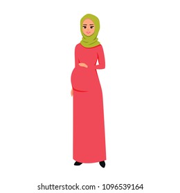 Vector cartoon Arab character Happy Saudi pregnant woman. Moslem people in traditional clothing vector illustration.