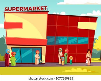 Vector cartoon arab characters near supermarket concept. Happy saudi, emirates muslim family, senior man, khaliji woman in hijab, parents, father mother, teen boy, girl going for products holding bags