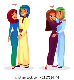 Vector cartoon arab couples hugging expressing love, togetherness set. Happy muslim men, khaliji women in hijab standing together smiling. Husbands and wifes in national costumes dating.