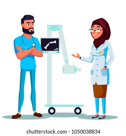 Vector cartoon arab doctors discussing diagnosis looking at x-ray scan near radiography machine. Illustration with Male female arabic radiography specialists, muslim man, khaliji woman on hijab
