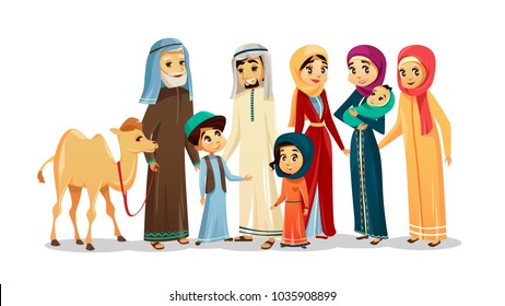 Vector cartoon arab family characters set. Happy saudi, emirates muslim senior man holding camel woman parent father sister mother holding infant baby, teen boy girl kid national clothing hijab People