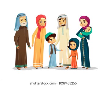 Vector cartoon arab family characters set. Happy saudi, emirates muslim senior man, woman, parents, father and mother holding infant baby, teen boy, girl children. People in national clothing, hijab