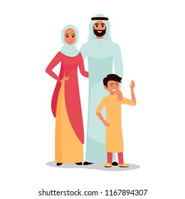 Vector cartoon Arab family characters set. Happy Saudi man and woman are embracing. Father, mother and their child together. Moslem people in traditional clothing vector illustration.