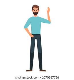 Vector cartoon Arab man in casual clothes raised his hand welcoming. 