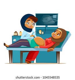 Vector cartoon arab ultrasound pregnancy screening concept. Muslim khaliji doctor woman medical uniform hijab scanning young arabic mother belly looking monitor. Baby health diagnostic illustration