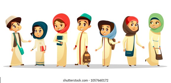 Vector cartoon arab young teen men, women student standing with shoulder bag holding books smiling. Muslim arabian characters hijab smiling. Isolated illustration, culture religion education concept