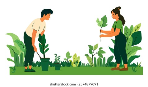 Vector cartoon Arbor day creative banner design. Illustration of two people planting a small tree in nature for the environment