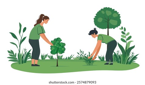 Vector cartoon Arbor day creative banner design. Illustration of two people planting a small tree in nature for the environment