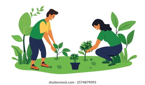 Vector cartoon Arbor day creative banner design. Illustration of two people planting a small tree in nature for the environment