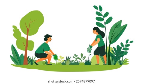 Vector cartoon Arbor day creative banner design. Illustration of two people planting a small tree in nature for the environment