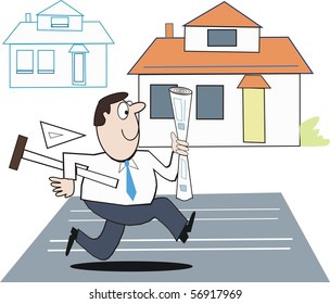 Vector cartoon of architect with plans running to meet deadline for house project.