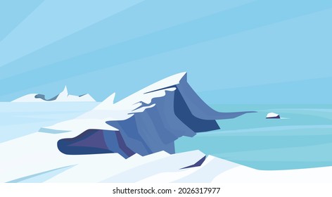 Vector cartoon Arctic ice landscape with iceberg, sea, hills and snow mountains. Greenland, Arctic or Antarctic illustration in flat style. Global warming concept. Glacier arctic landscape. Game style