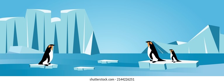 Vector cartoon Arctic ice landscape with iceberg, sea, hills, penguins and snow mountains. Greenland, Arctic or Antarctic illustration in flat style. Global warming concept. Glacier arctic landscape.