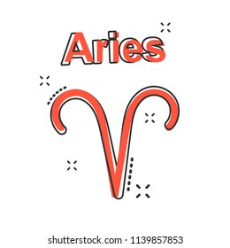 Vector cartoon aries zodiac icon in comic style. Astrology sign illustration pictogram. Aries horoscope business splash effect concept.