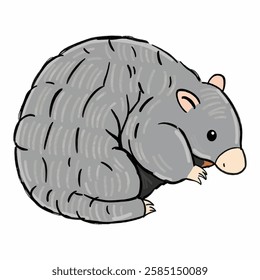 A vector cartoon of an armadillo curled up in a protective ball, showcasing its armored shell. Ideal for nature, wildlife, and desert themes.